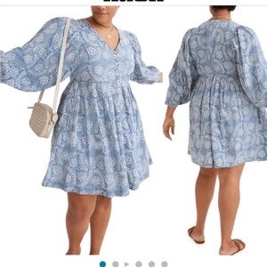 Madewell Bubble-Sleeve Button-Front Mini Dress in Indigo Paisley